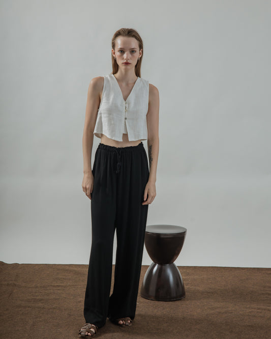 Alexa Linen Drawstring Trousers (Black)