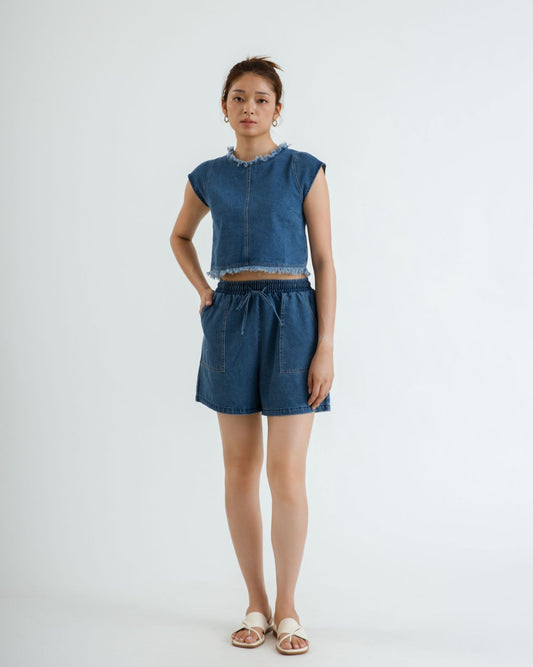 Frayed Hem Cap Sleeve Denim Top (Denim)