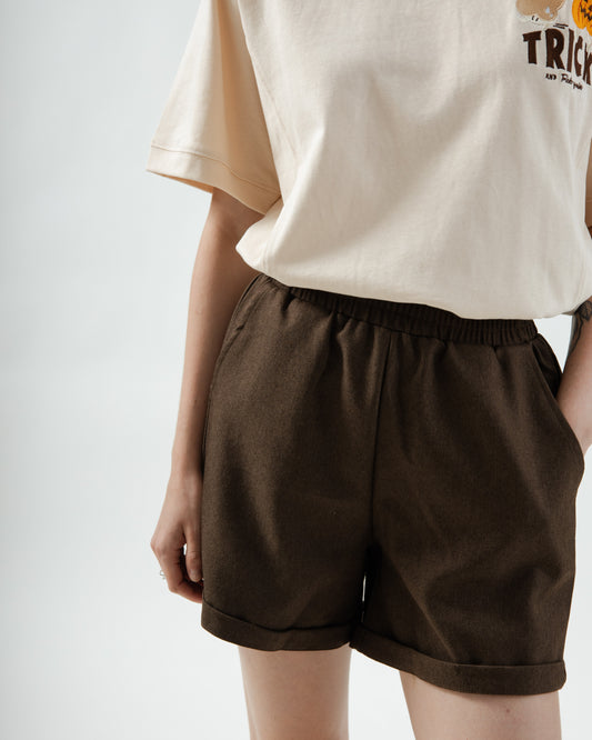 Ghost-LU Embroidery Easy Folded Hem Shorts (Dark Brown)