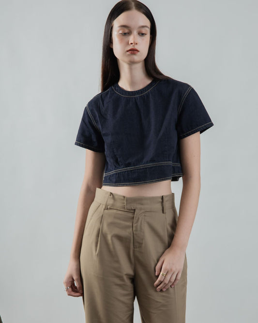 Round Neck Contrast Stitch Denim Top (Denim)