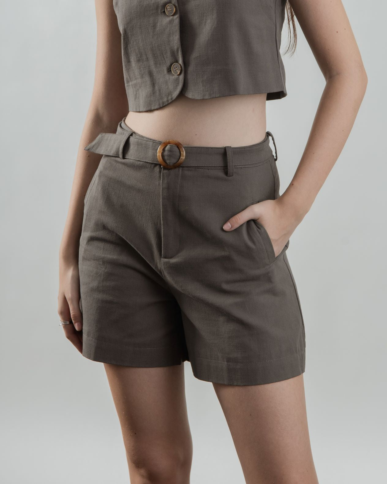 Lino Cotton Belt Shorts (Grey)