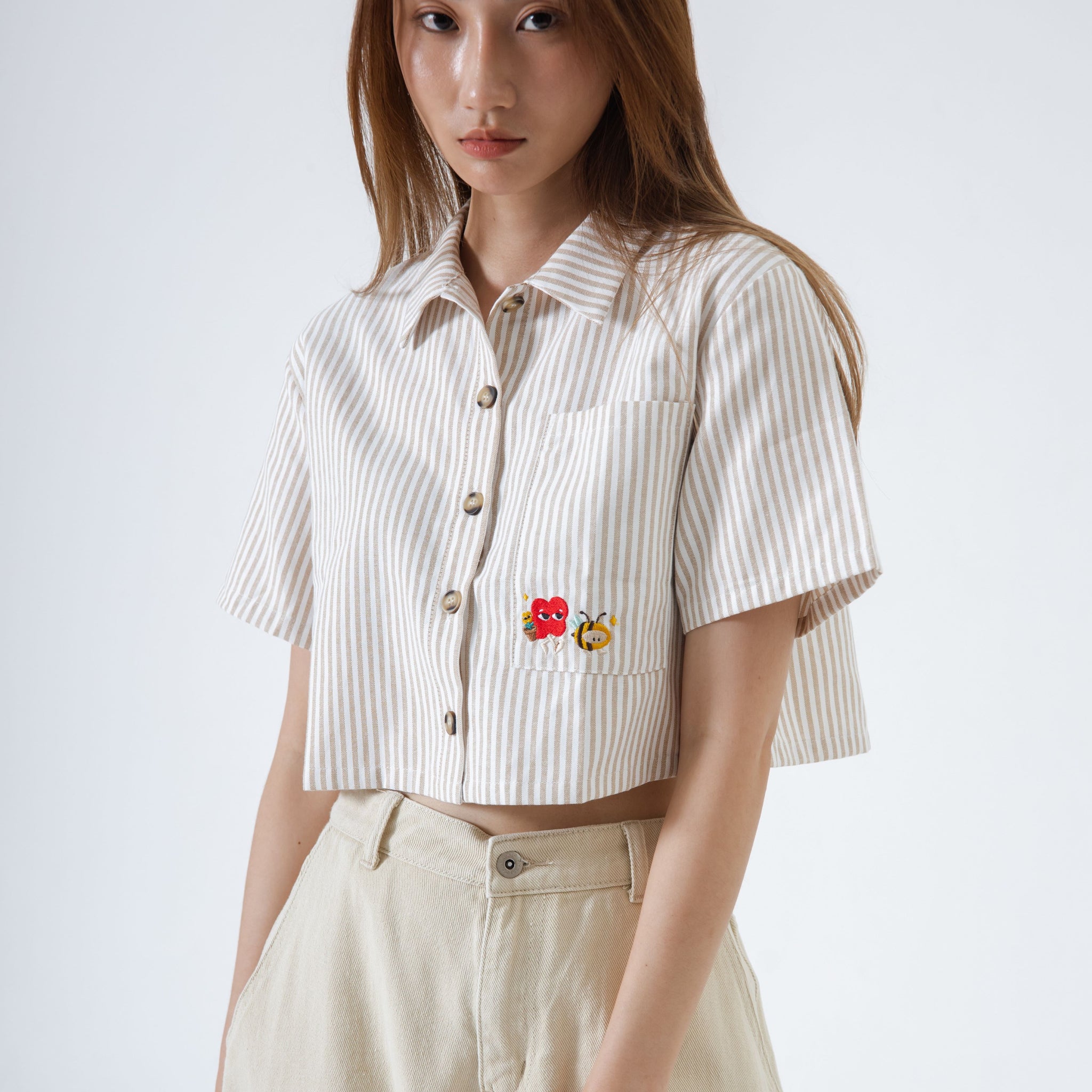 LULU Let's Bee Friend Striped Cropped Shirt (Khaki)