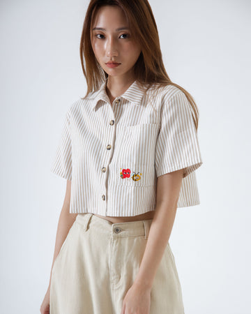 LULU Let's Bee Friend Striped Cropped Shirt (Khaki)