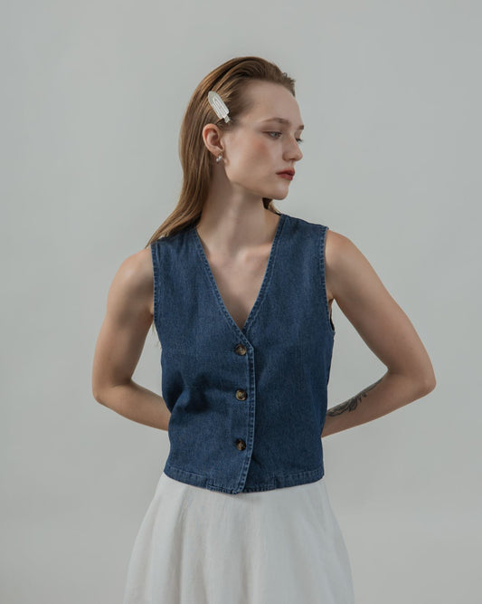 V Neck Sleeveless Denim Vest (Denim)