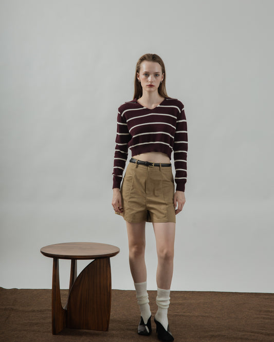 Striped Collar Long Sleeve Top (Maroon Stripes)