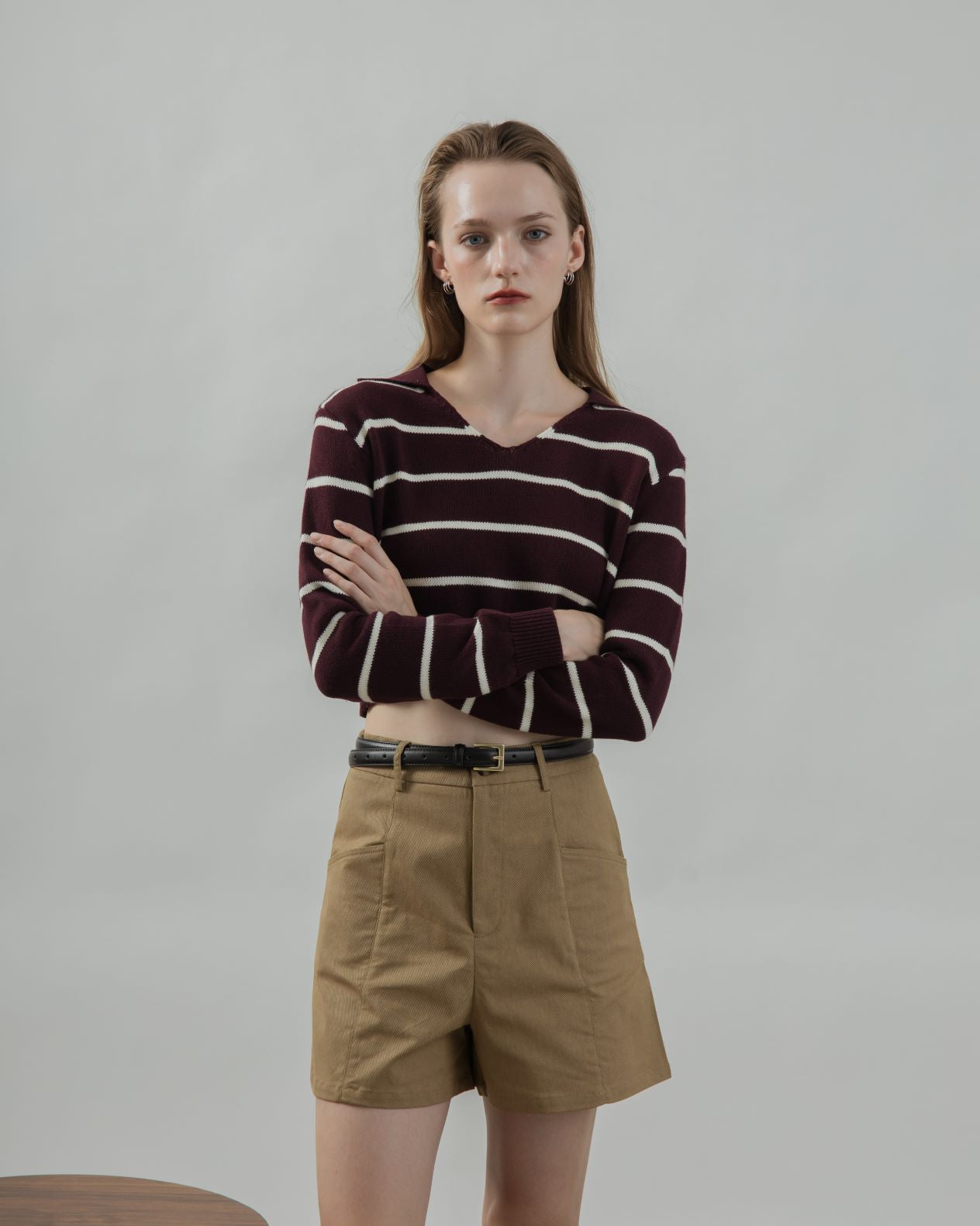 Striped Collar Long Sleeve Top (Maroon Stripes)