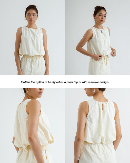 Kate Two Way Puffy Sleeveless Top (Beige)