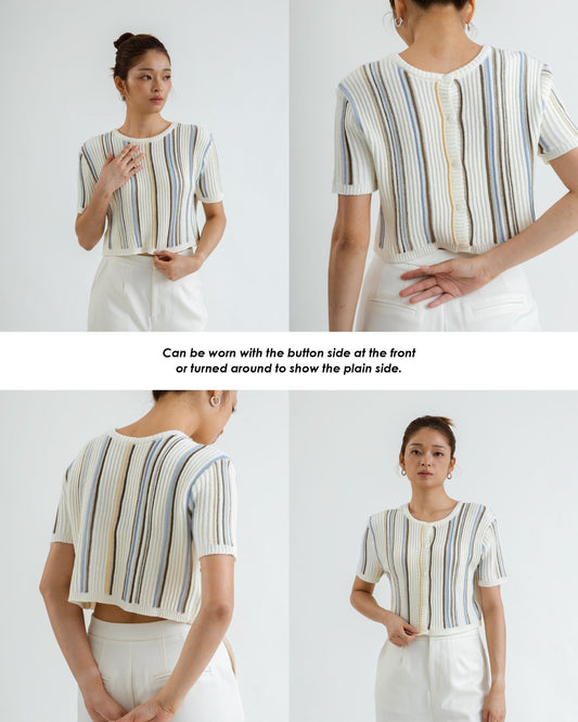 Eco Two Way Button Down Stripes Knit Top (White)