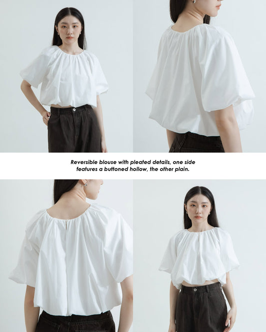 Two Way Pleated Balloon Sleeve Blouse (White)