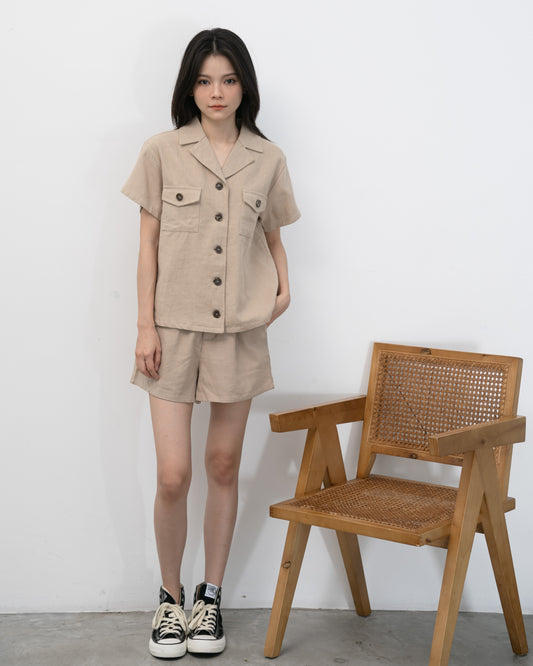 Linen Notch Collar Cargo Pocket Top (Khaki)