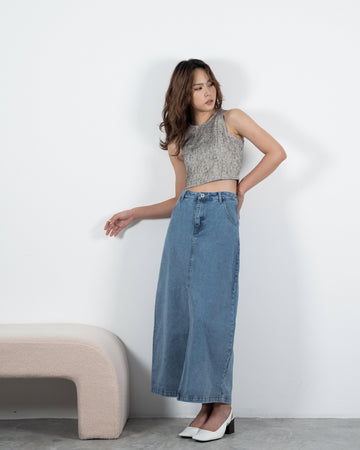 Mavis Slit Denim Pencil Skirt (Denim)