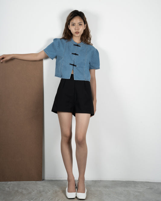 Mandarin Collar Denim Top (Denim)