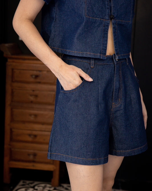 High Waist A Line Denim Shorts (Denim)