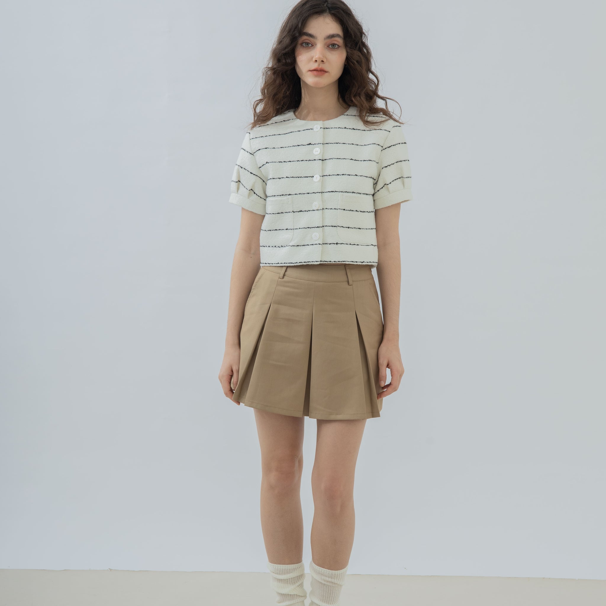 Short Sleeve Stripes Pocket Blouse (White Stripes)