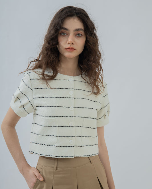 Short Sleeve Stripes Pocket Blouse (White Stripes)