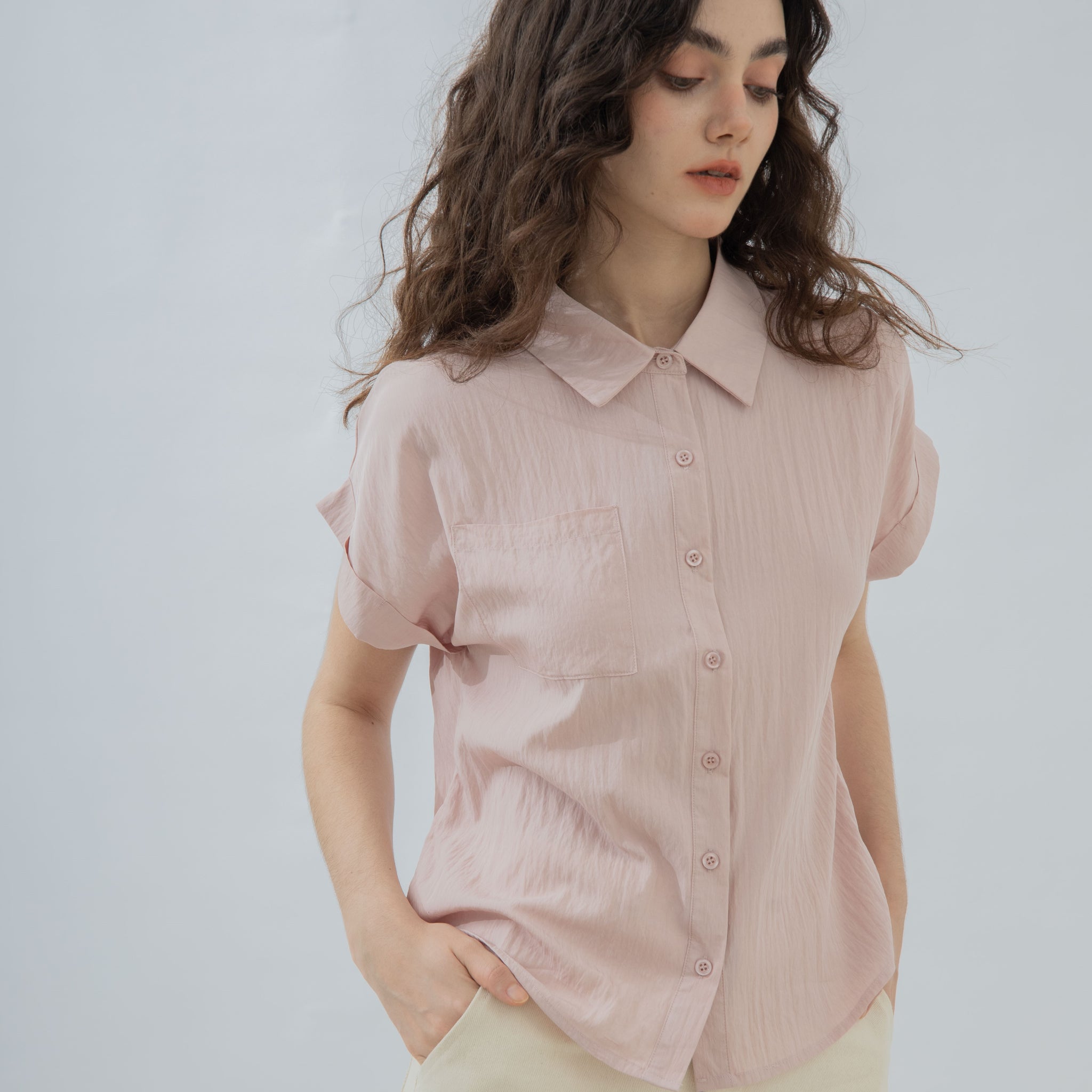 Folded Sleeve Short Sleeve Blouse (Pink)