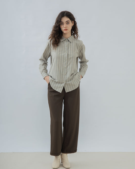 Stripes Collar Oversized Shirt (Khaki Stripes)