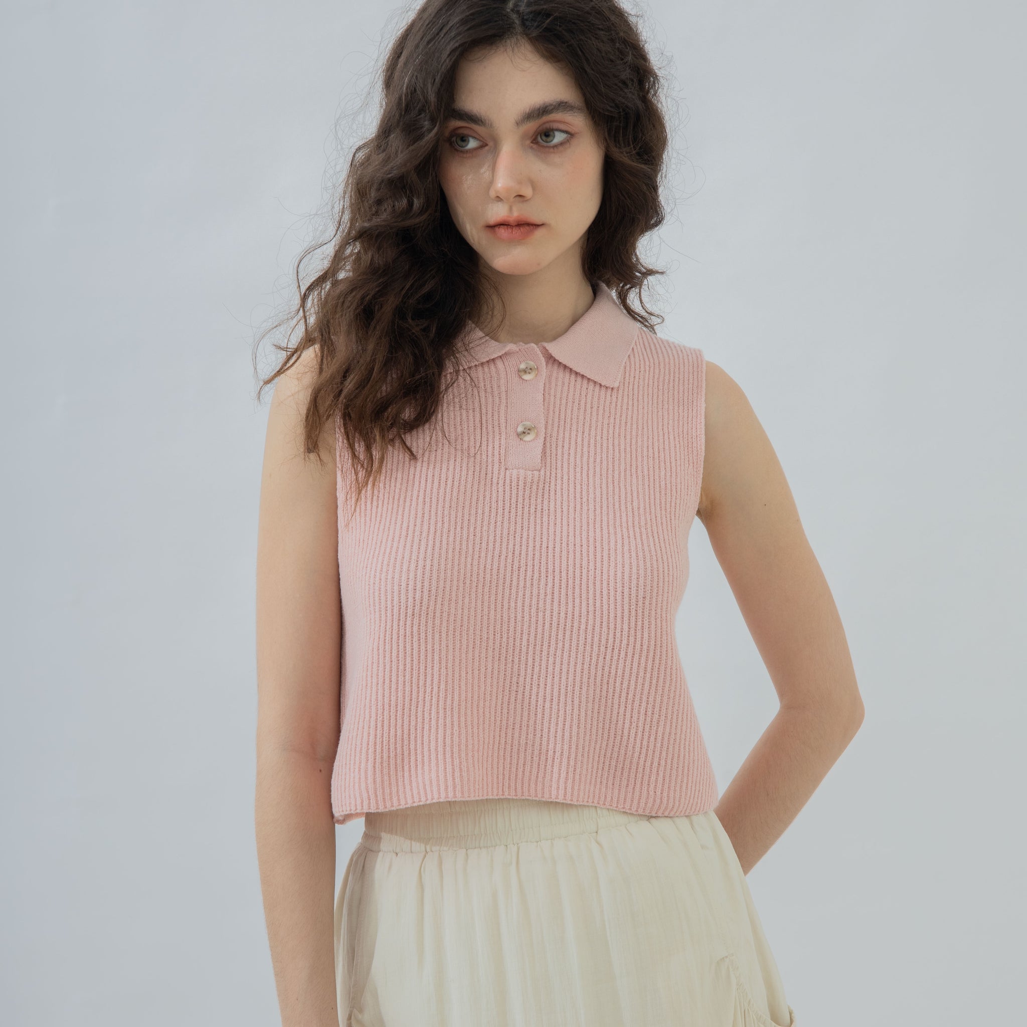 Bella Sleeveless Polo Knit Top (Pink)