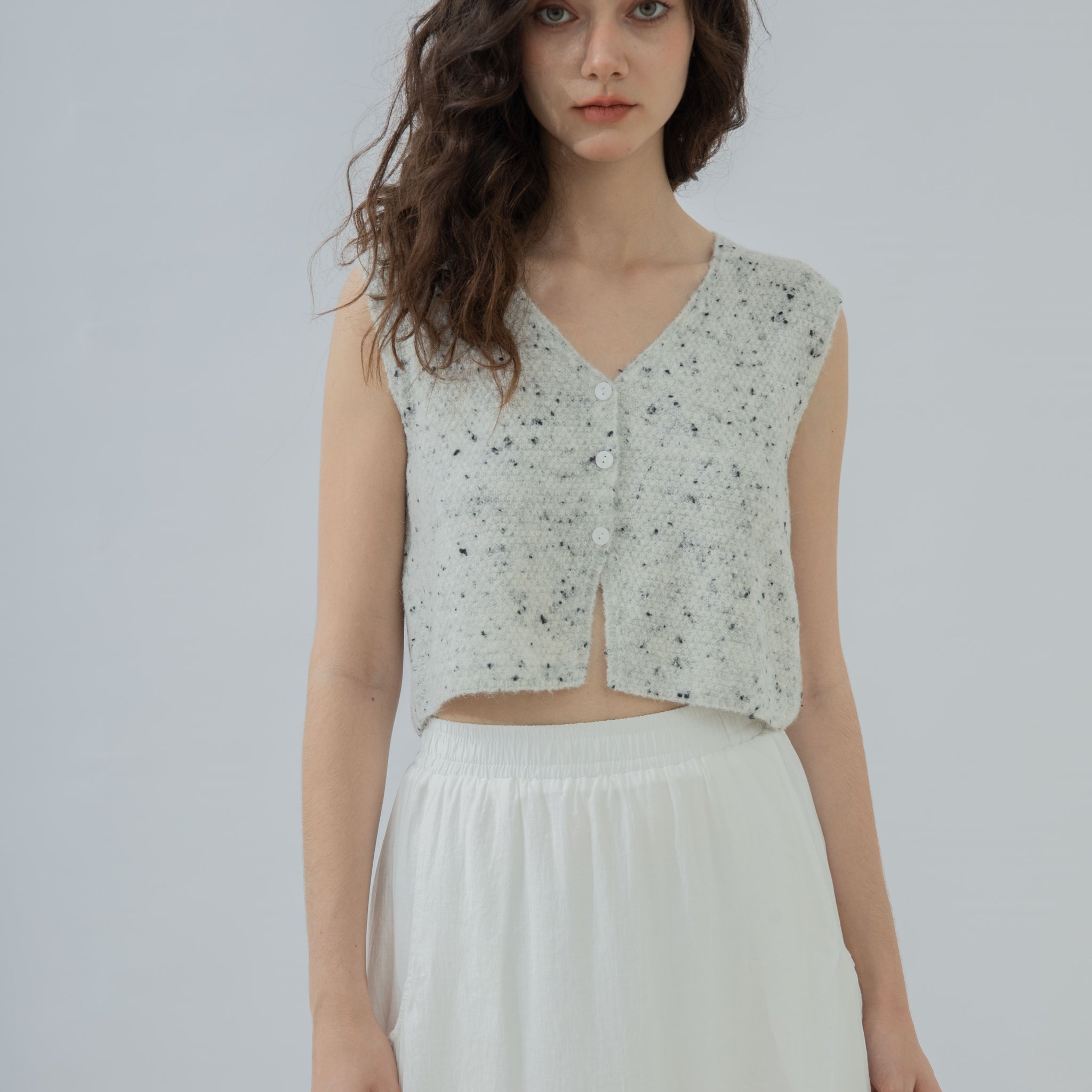 V Neck Button Down Crop Knit Top (White Mix)