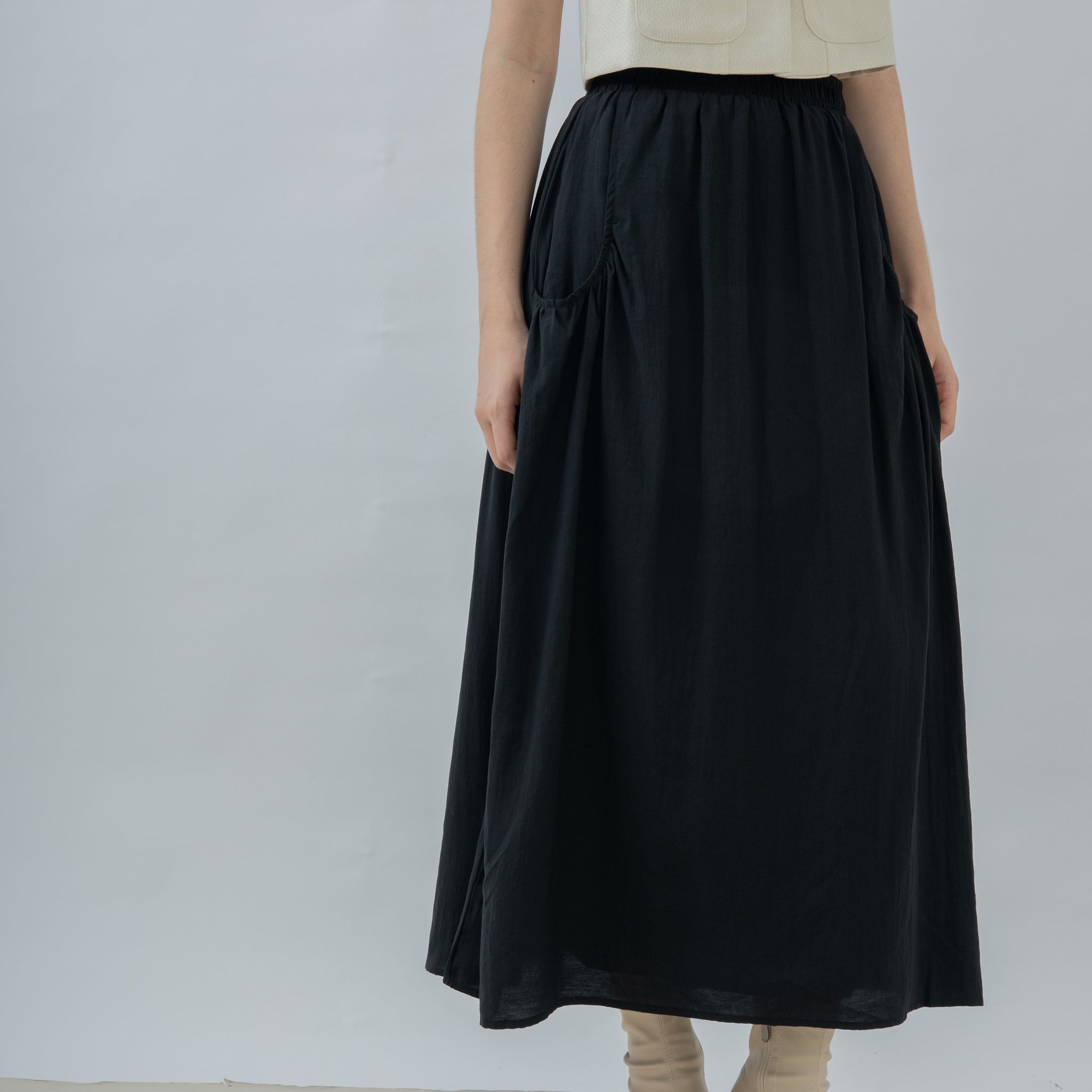 Pocket Detail Elastic Flare Skirt (Black)