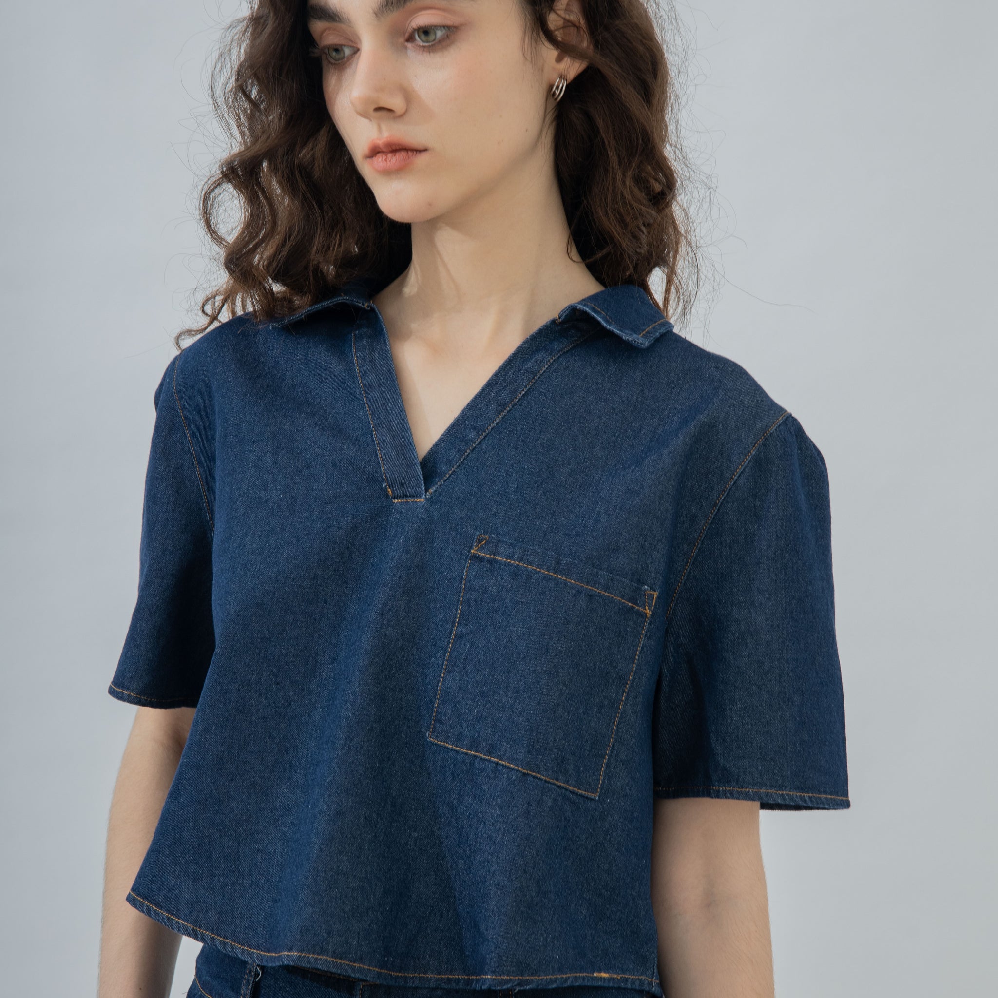 Open Collar Oversize Denim Top (Denim)