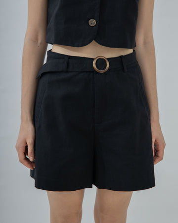 Lino Cotton Belt Shorts (Black)