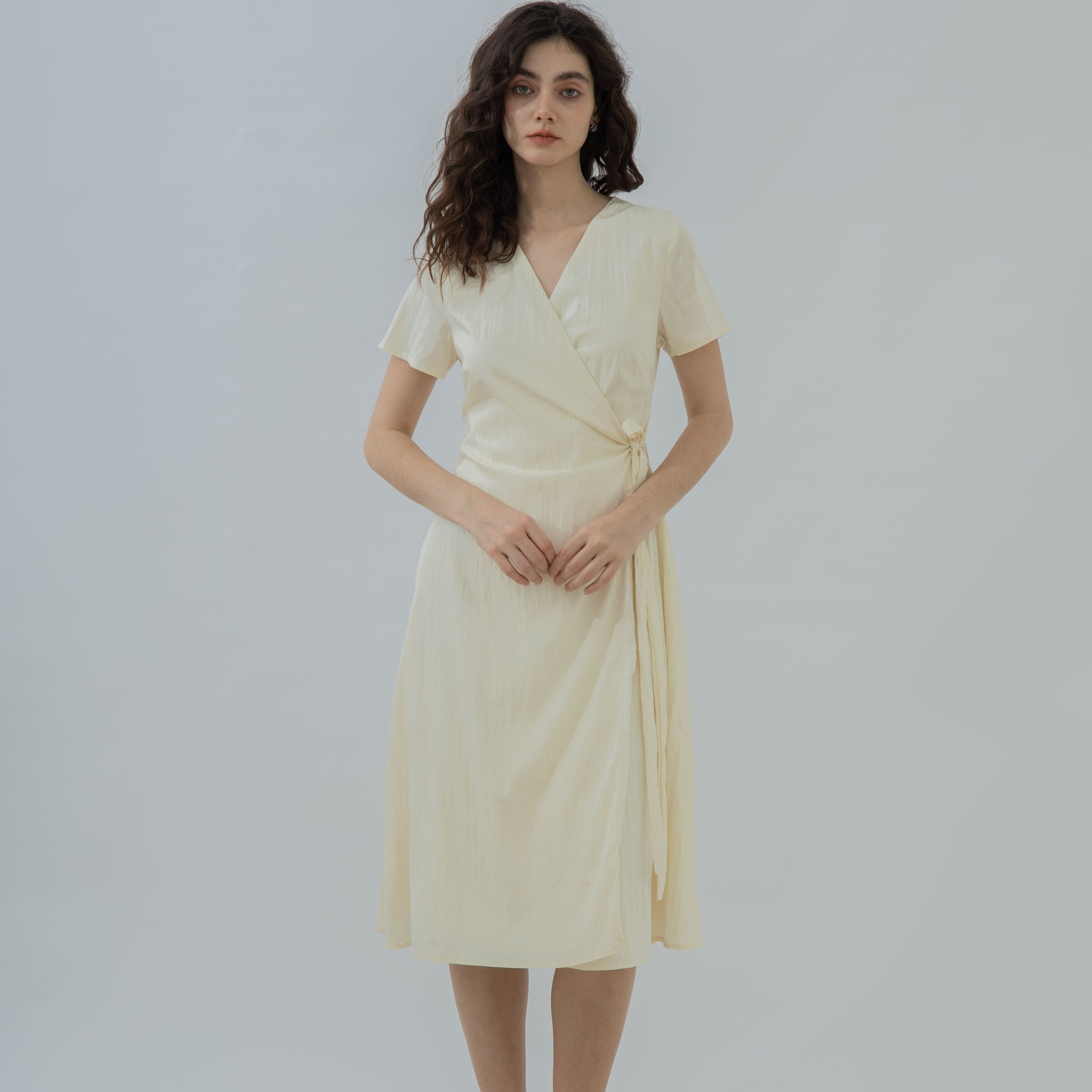 V Neck Waist Tie Overlap Dress (Beige)