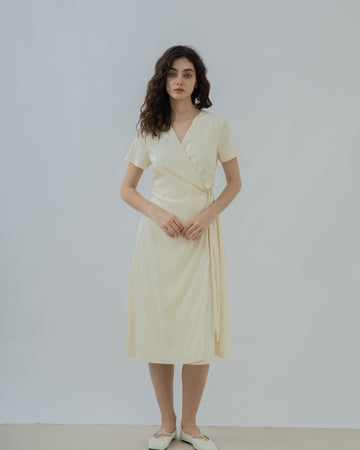 V Neck Waist Tie Overlap Dress (Beige)