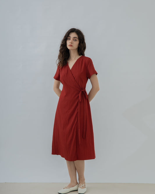 V Neck Waist Tie Overlap Dress (Red)