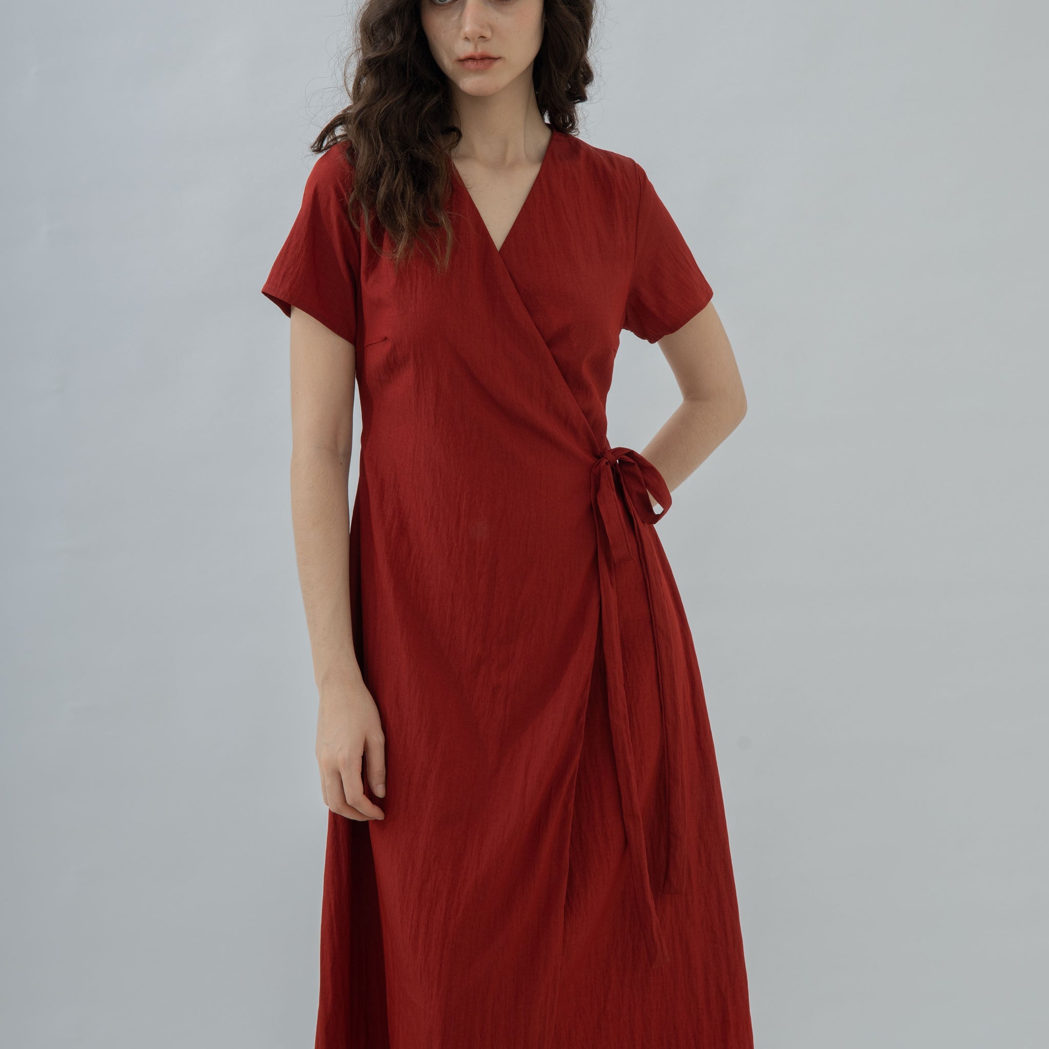 V Neck Waist Tie Overlap Dress (Red)