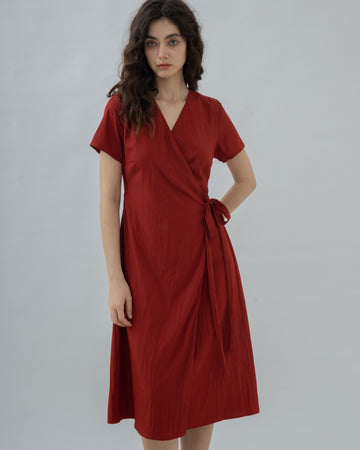 V Neck Waist Tie Overlap Dress (Red)