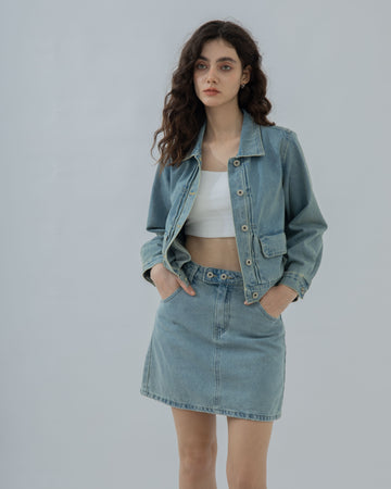 Dylan Front Pleat Denim Jacket (Denim)