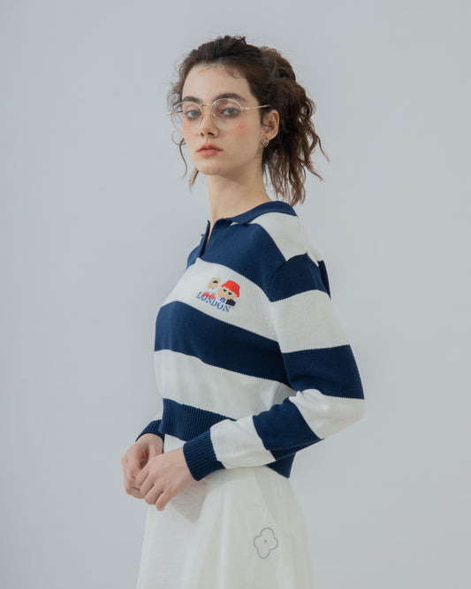 LULU Hello London Knit Polo Sweater (Blue Striped)