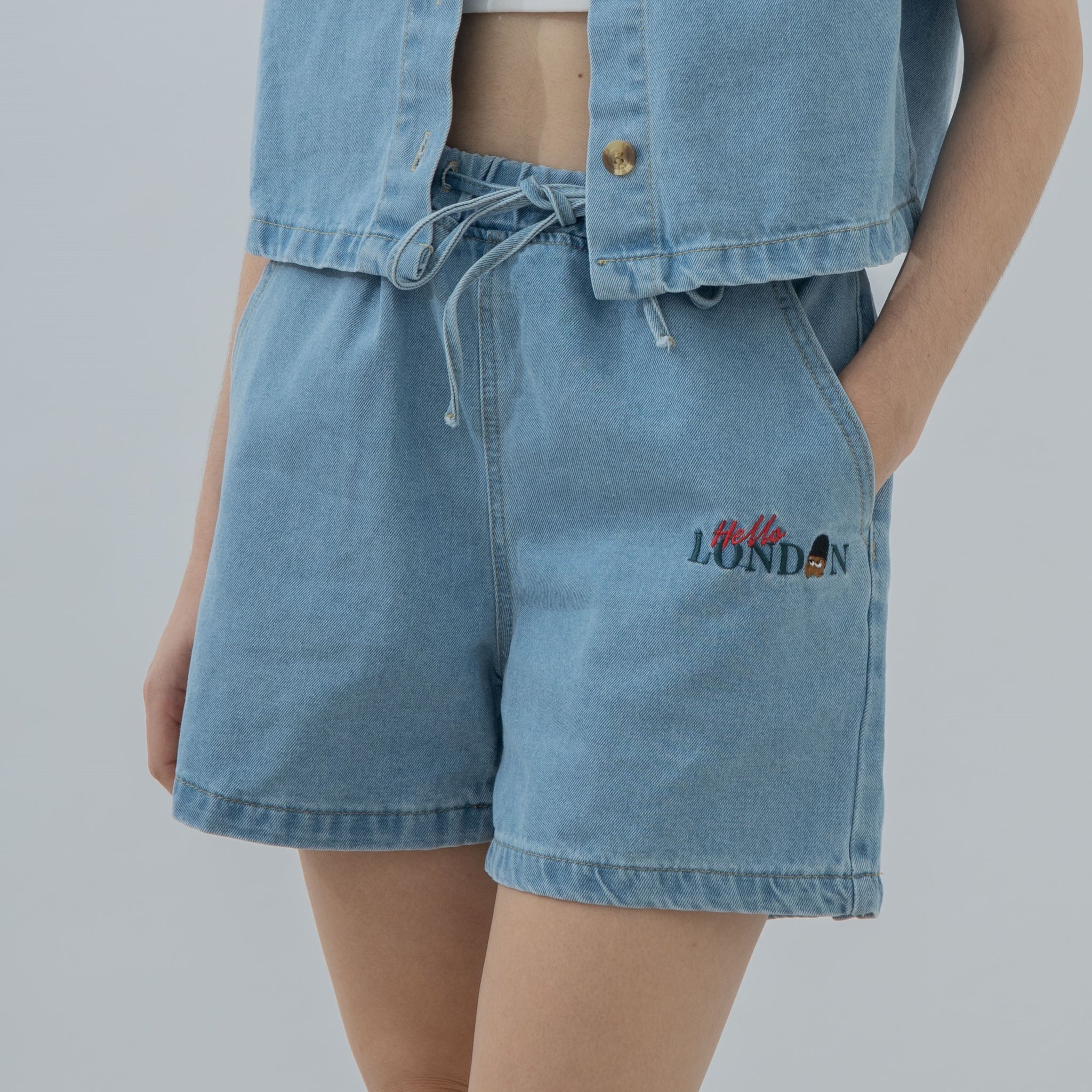 LULU Hello London Drawstring Denim Shorts (Denim)