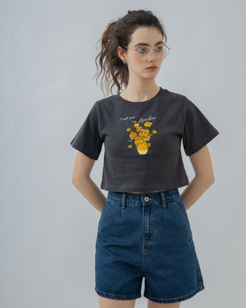 LULU Flower In A Vase Embroidery Crop Tee (Dark Grey)