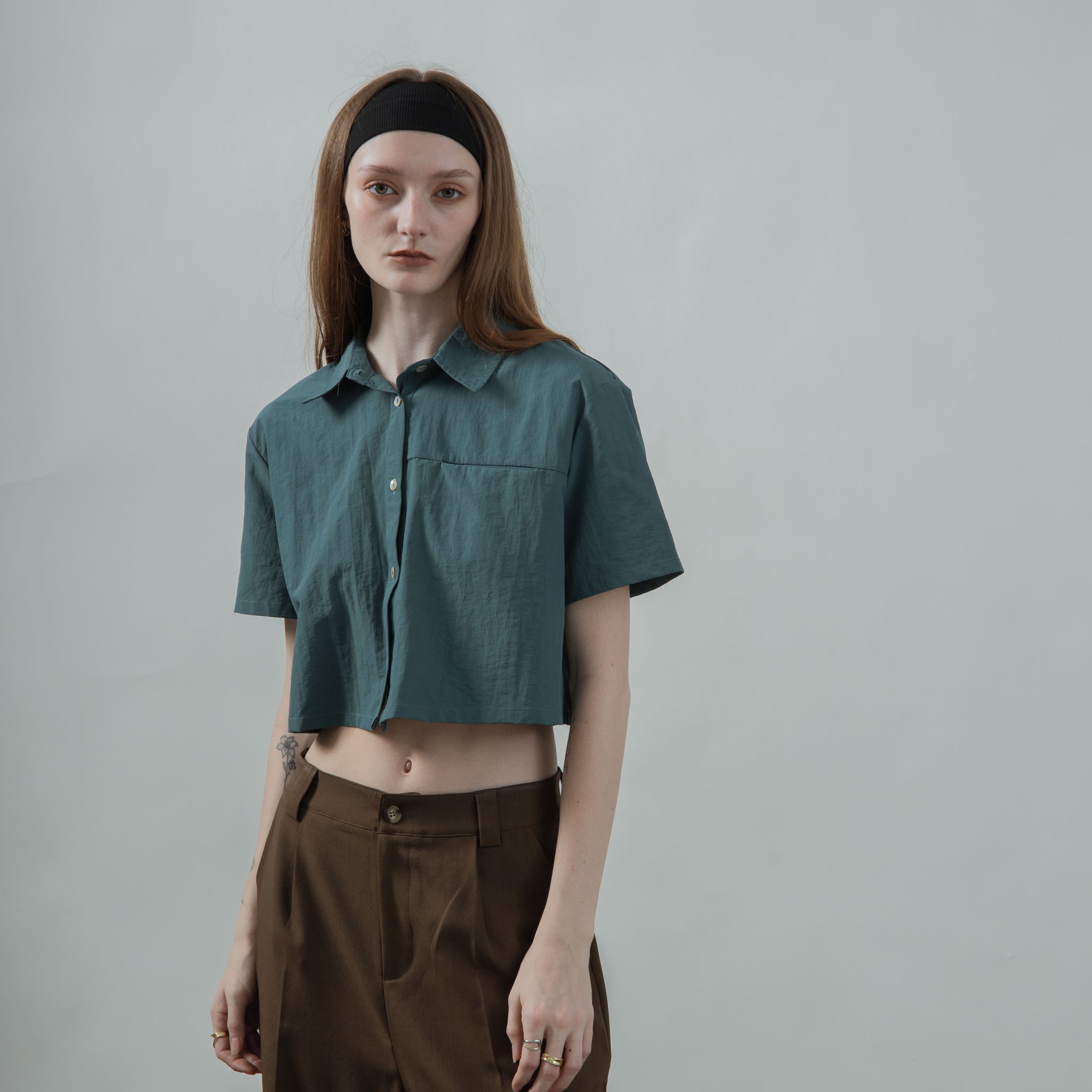 Box Cut Crinkle Cropped Shirt (Teal Green)