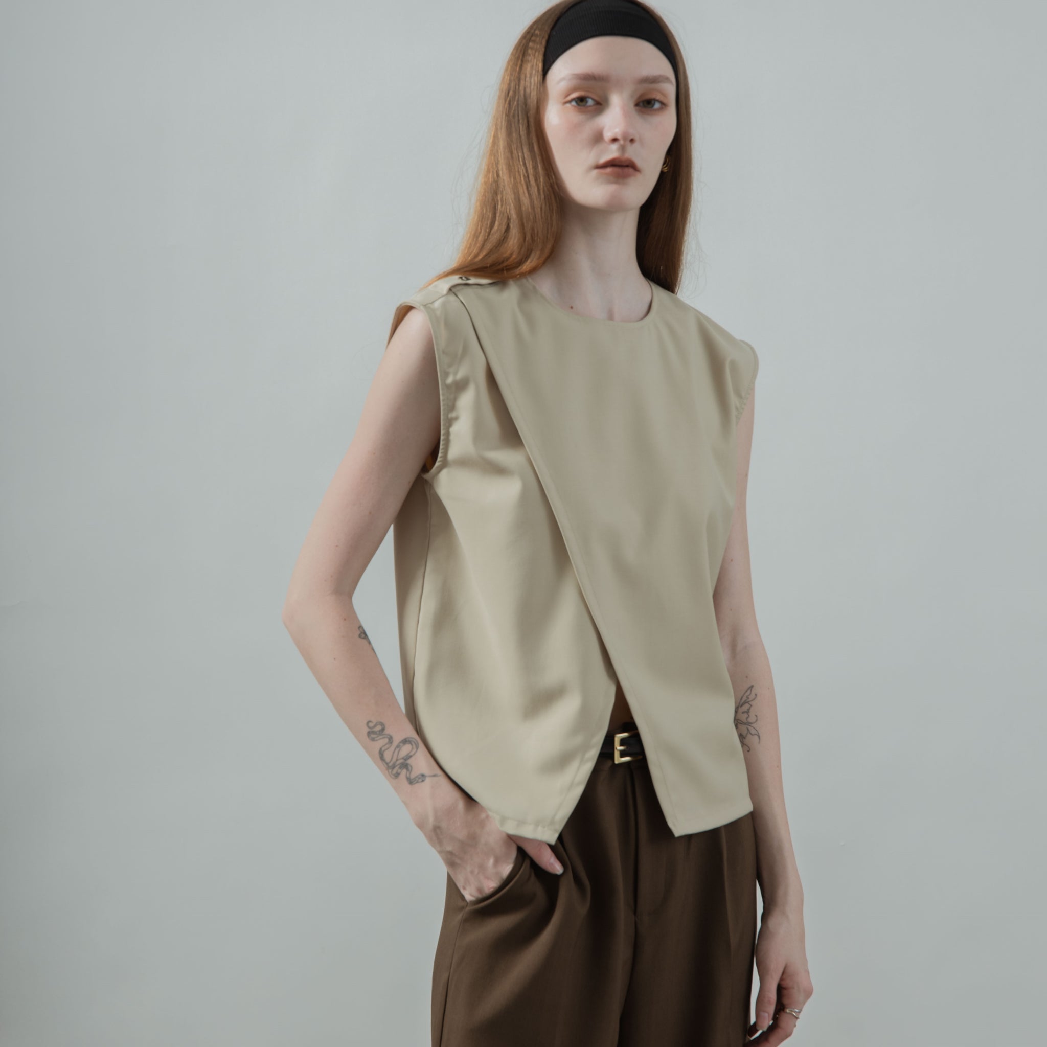 Two Way Overlap Tailored Top (Beige)