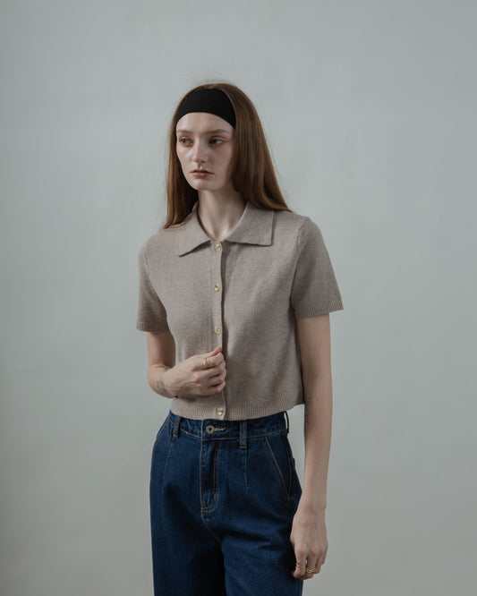 Dahlia Button Down Polo Knit Top (Ash Brown)