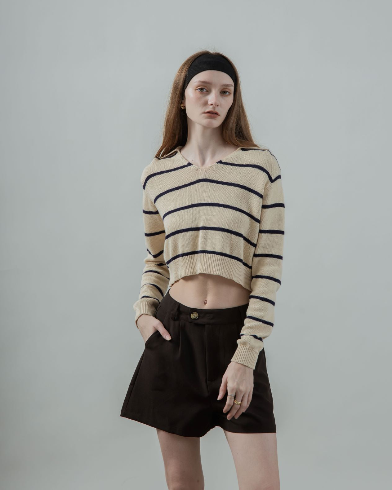 Striped Collar Long Sleeve Top (Black Stripes)