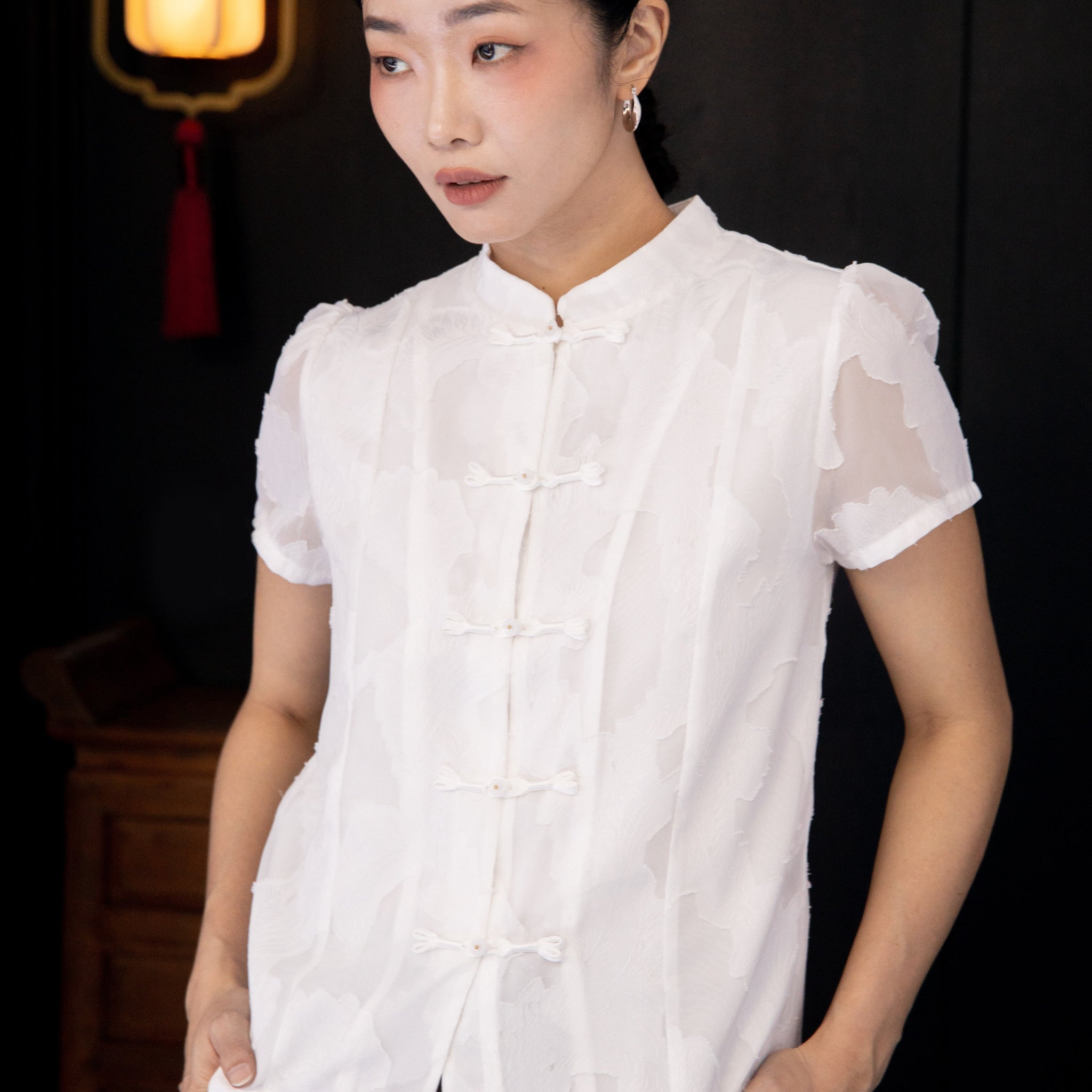 Pure Elegance Chiffon Embroidery Cheongsam Top (White)