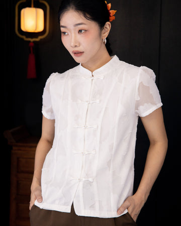 Pure Elegance Chiffon Embroidery Cheongsam Top (White)