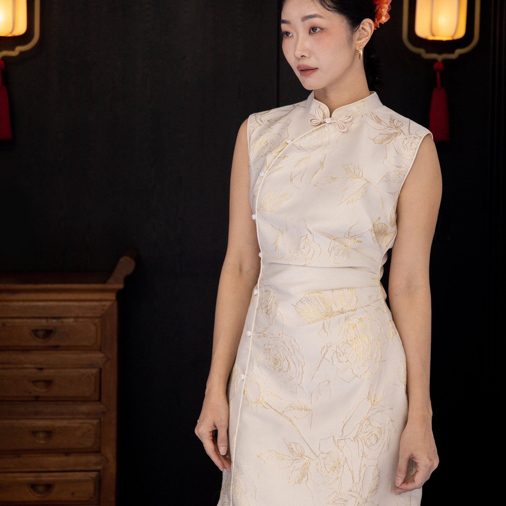 Floral Gold Gathered Cheongsam Dress (Beige)