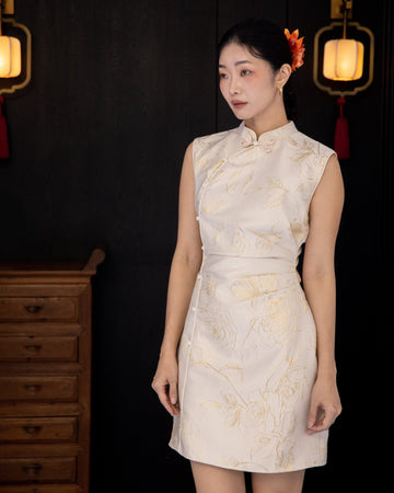 Floral Gold Gathered Cheongsam Dress (Beige)