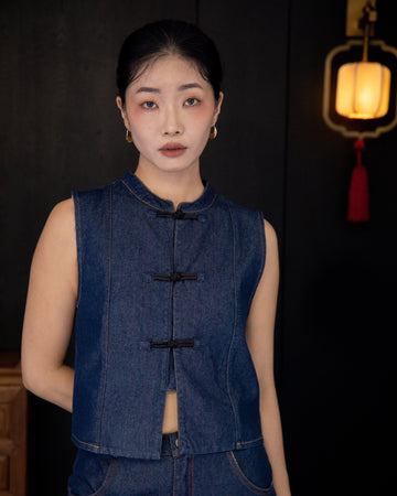 Sleeveless Cheongsam Denim Top (Denim)