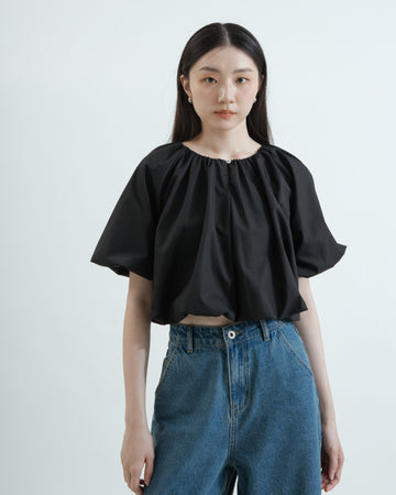 Two Way Pleated Balloon Sleeve Blouse (Black)