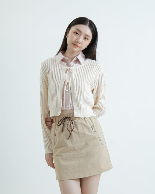 Zipper Pocket Drawstring Mini Cargo Skirt (Khaki)