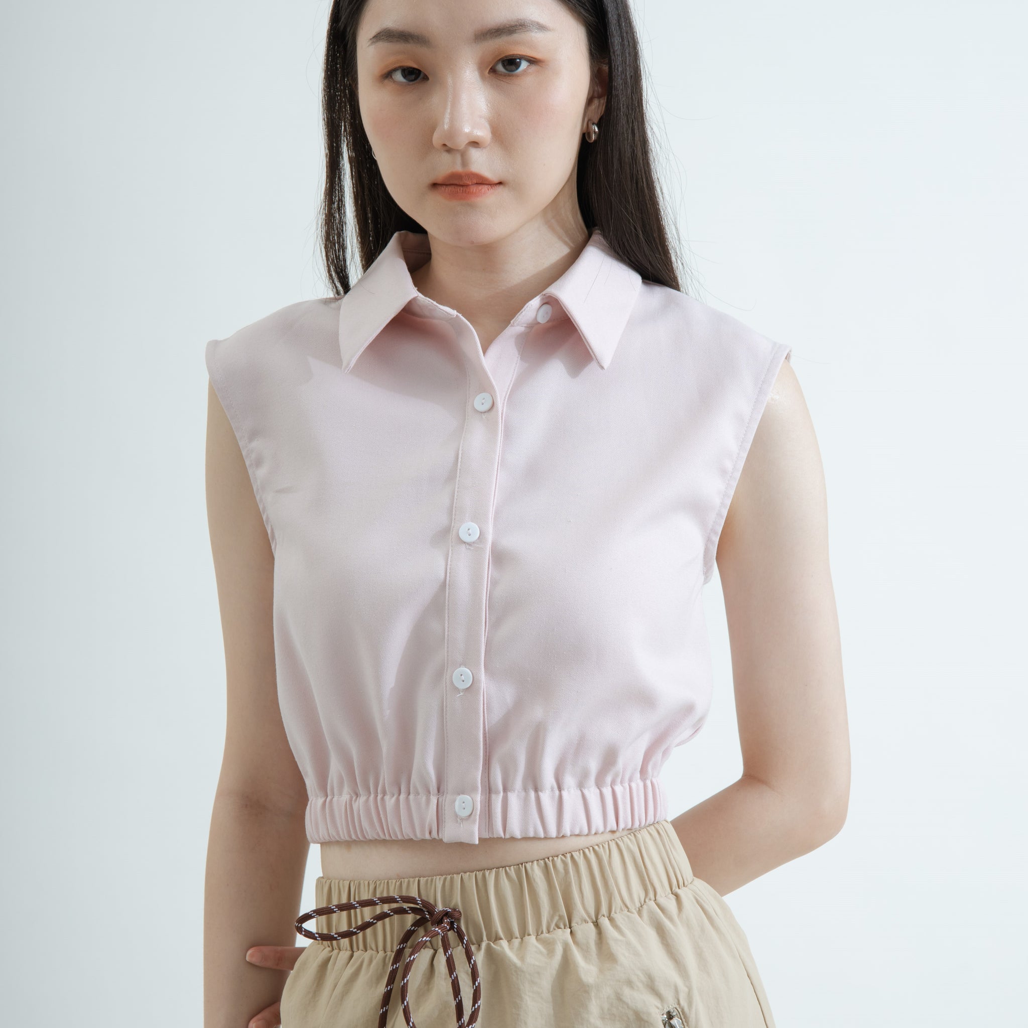 Elastic Button Down Collared Blouse (Pink)