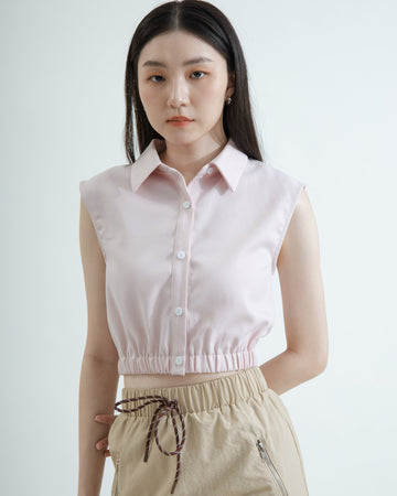 Elastic Button Down Collared Blouse (Pink)