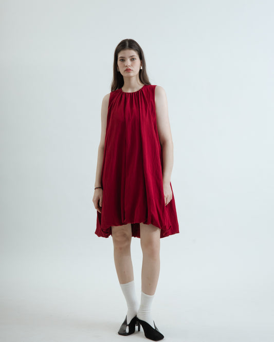 Flowy Pleated Asymmetrical Balloon Dress (Red)