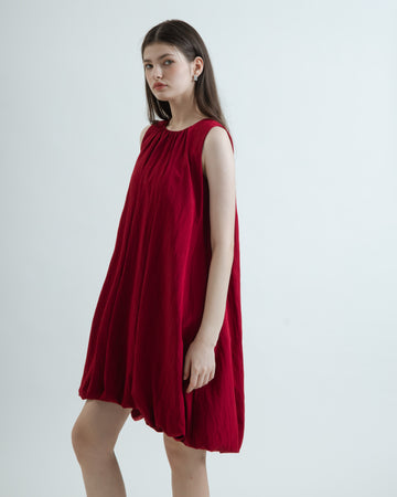 Flowy Pleated Asymmetrical Balloon Dress (Red)